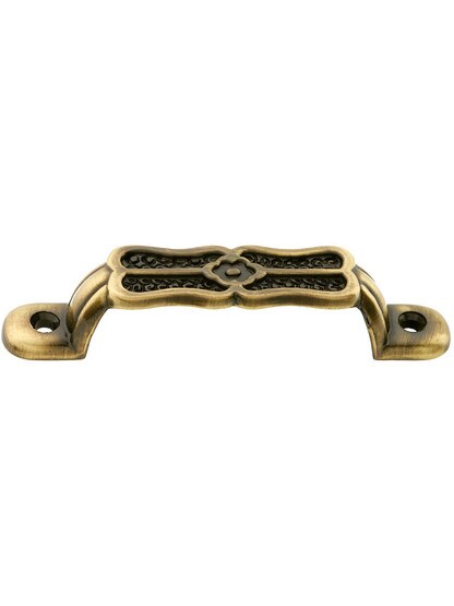 Ornamental Cast Brass Drawer Pull - 3 1/8 inch Center to Center in Antique Brass.